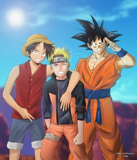 Ilustración de Goku, Luffy y Naruto juntos.