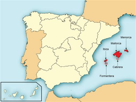 Mapa de España destacando la península y las Islas Baleares