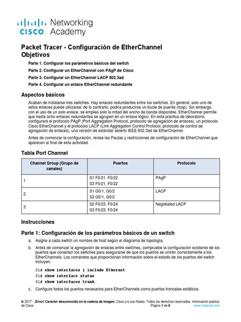 Ejemplo de configuración de EtherChannel en Packet Tracer.