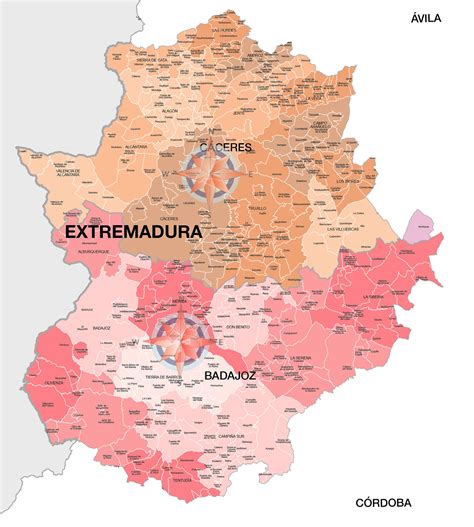 Mapa de Extremadura con divisiones comarcales