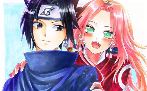 Sakura y Sasuke vistiendo sus trajes de genin