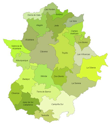 Mapa de Extremadura con las comarcas señaladas