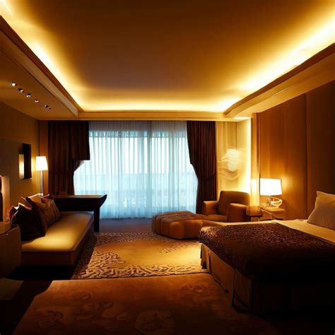 Interior de una suite de hotel de lujo con vistas a la ciudad.