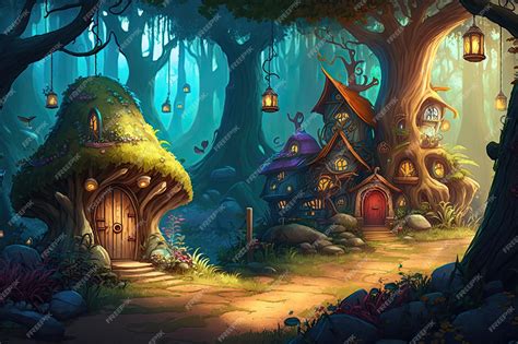Ilustración de hadas y duendes interactuando en un bosque mágico
