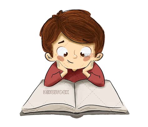Ilustración de un niño leyendo un libro de cuentos de hadas con una expresión de asombro