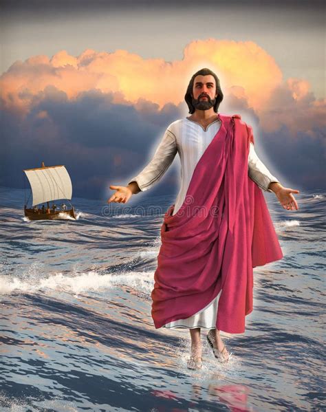 Ilustración de Jesús caminando sobre el agua hacia los discípulos en una barca