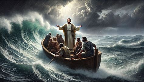 Ilustración de la barca de los discípulos en medio de una tormenta, con Jesús caminando sobre el agua