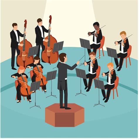 Ilustración de una orquesta trabajando en conjunto con partituras digitales