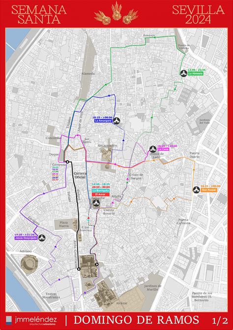 Mapa de Mérida con los itinerarios de las procesiones de Semana Santa