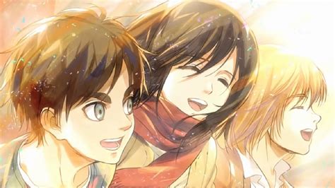 Ilustración de los personajes principales: Eren, Mikasa y Armin.