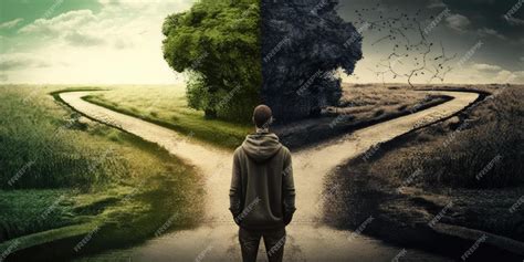 Una persona dividida entre dos caminos, uno claro y otro nebuloso.