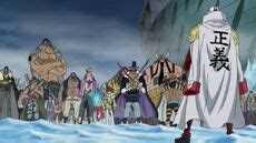 Akainu enfrentando a Crocodile y los comandantes de Barbablanca