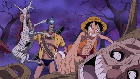 Ilustración de Thriller Bark con su ambiente tétrico