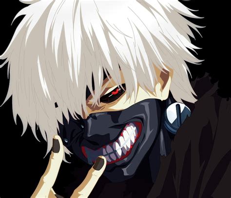 Ilustración de Ken Kaneki con cabello blanco y ojos heterocromáticos.
