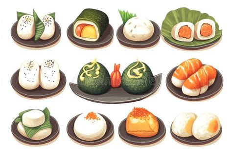 Ilustración de varios ingredientes de onigiri