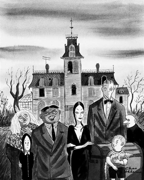 Charles Addams dibujando una viñeta de Los Locos Addams