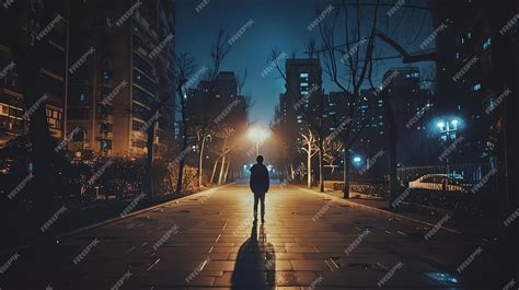 Una calle oscura por la noche con una figura solitaria