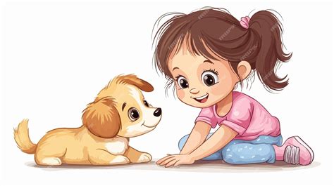 Viñeta tierna de una perrita jugando con una niña.