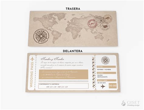 Diseño de invitación de boda estilo billete de avión