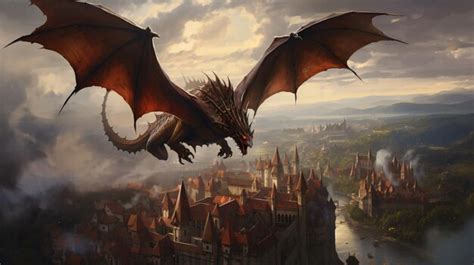Dragón volando sobre una ciudad fantástica