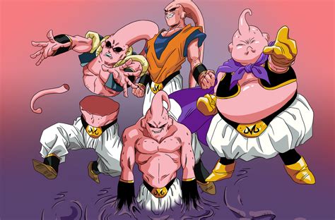 Ilustración de Majin Buu dividiéndose en Buu Bueno y Buu Maligno
