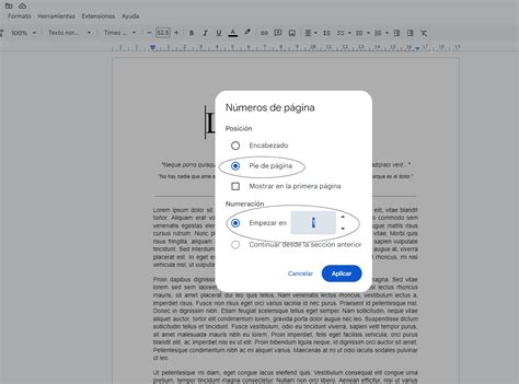 Ejemplo de cómo numerar páginas en un documento