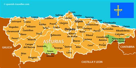 Mapa de Asturias destacando ciudades principales como Oviedo, Gijón y Avilés