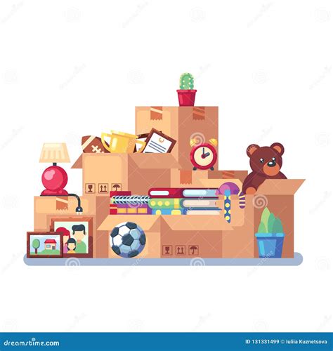 Ilustración de un departamento con sillas apiladas y cajas de mudanza