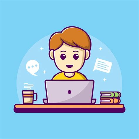 Ilustración de un personaje trabajando en un portátil con tazas de café.