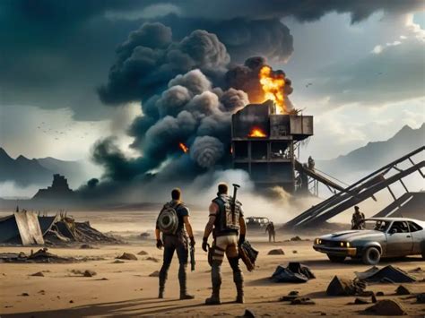 Personajes de novela postapocalíptica interactuando en un mundo desolado