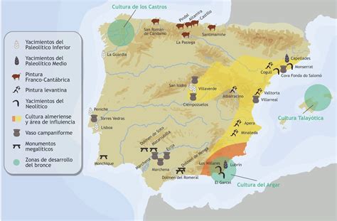 Mapa de los principales yacimientos prehistóricos en la península ibérica