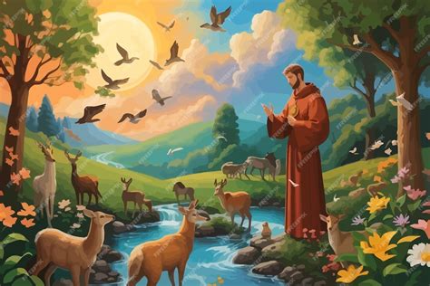 Ilustración de San Francisco de Asís rodeado de animales.