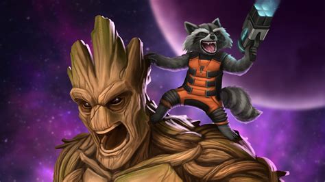 Ilustración de Rocket Raccoon y Groot