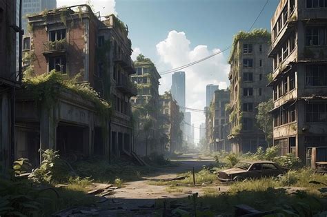 Ilustración de un paisaje post-apocalíptico con ruinas y vegetación salvaje