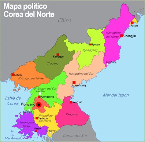 Mapa de Corea del Norte con Pionyang resaltado