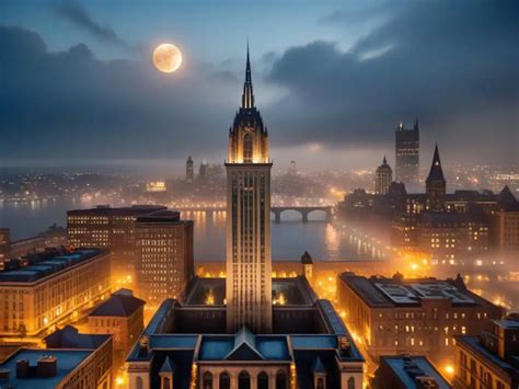 Vista panorámica de Gotham City con edificios icónicos y atmósfera nocturna.