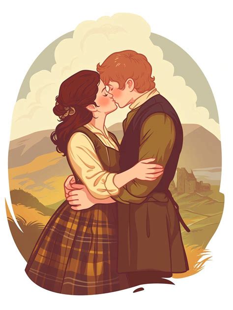 Ilustración de Jamie Fraser y Claire Randall en un paisaje escocés