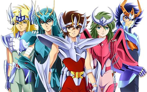 Ilustración de los cinco caballeros de bronce principales: Seiya, Shiryu, Hyoga, Shun e Ikki.
