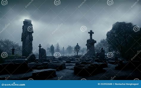 Cementerio antiguo con niebla