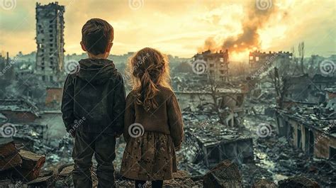 Ilustración de niños refugiados en un paisaje devastado por la guerra.