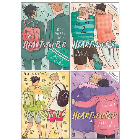 Portada de los 5 volúmenes de Heartstopper en español