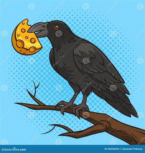 Ilustración de un cuervo en una rama con un queso en el pico y una zorra debajo.