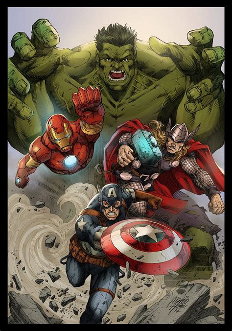 Ilustración de los Vengadores originales: Iron Man, Thor, Hulk, Avispa y Ant-Man