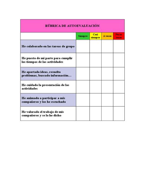 Ejemplo de rúbrica de autoevaluación para cómics