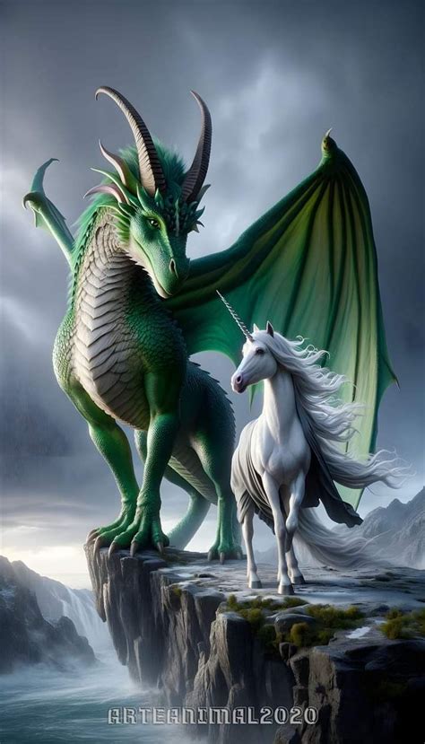 Representación de un unicornio y un dragón