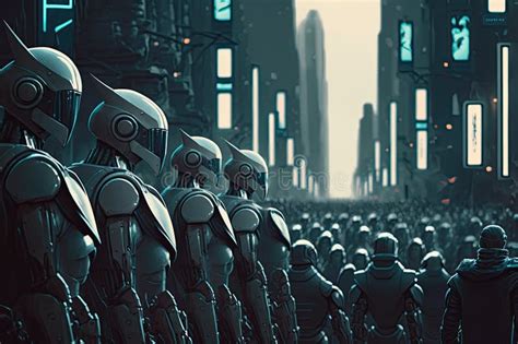Ilustración de un futuro distópico con androides y elementos de ciencia ficción.