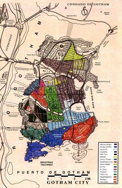 Mapa de Ciudad Gótica destacando lugares clave en las historias del Joker
