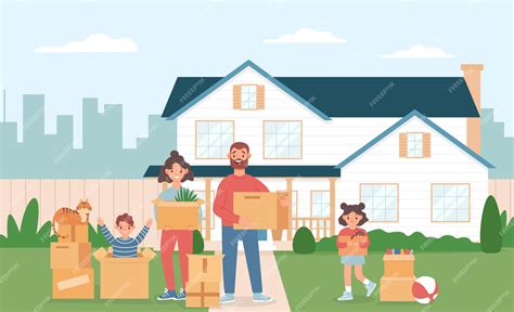 Ilustración de una familia mudándose a una nueva ciudad costera.