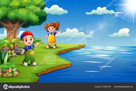 Ilustración de tres niños en una orilla desolada