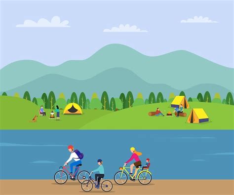 Amigos de la infancia en bicicleta junto a un río